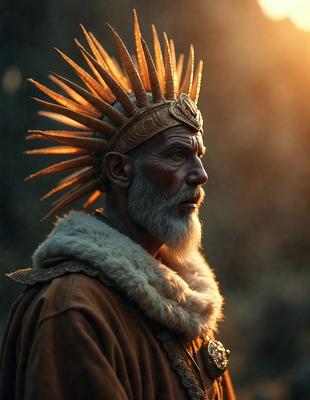 The primary subject of the image is a man wearing a feather headdress, which is a unique and eye-catching accessory. The man is standing in front of a forest, which serves as the setting for the scene. The visual style of the image is a photo, capturing the man's distinctive appearance and the natural environment around him. The colors and mood of the image are warm and earthy, with the man's headdress and the forest creating a sense of connection to nature.